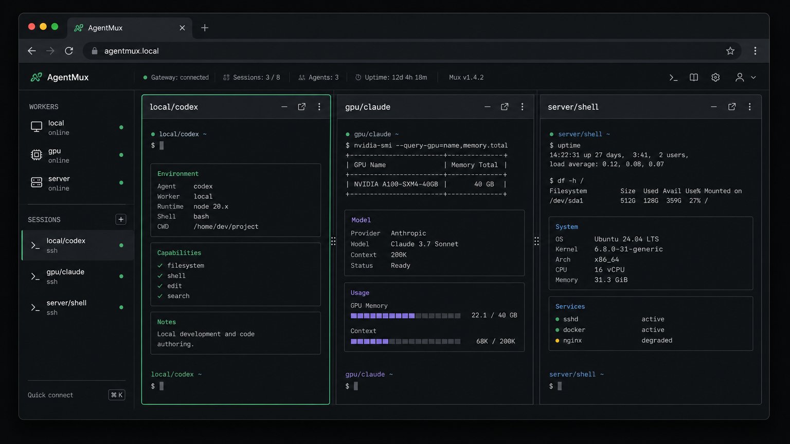 AgentMux Web Control multi-pane workspace